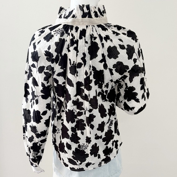 A Shirt Thing Penelope Cabo Top Black & White Floral High Ruffle Collar Cotton - Picture 2 of 4